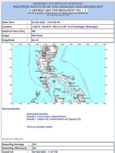 当地时间2月2日晚上10点47分，菲律宾八打雁省(Batangas)C...